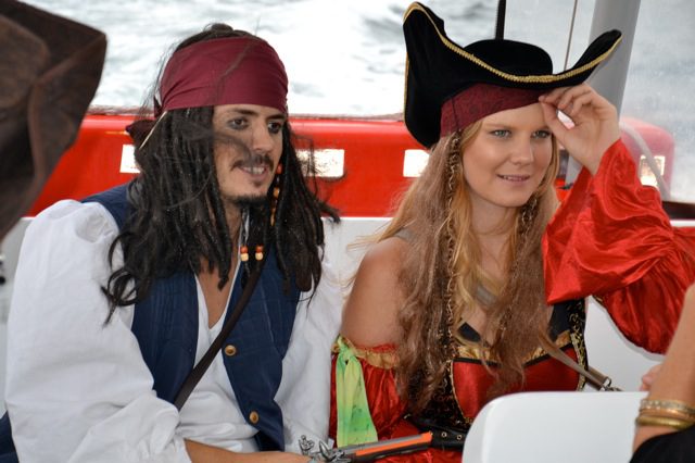 Treasure Hunt themed team building Captain Jack Sparrow aboard a thrilling water taxi Treasure Hunt ride to Shark Island on Sydney Harbour